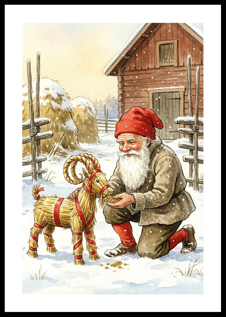Santa shares joy with straw goat in winter landscape-12