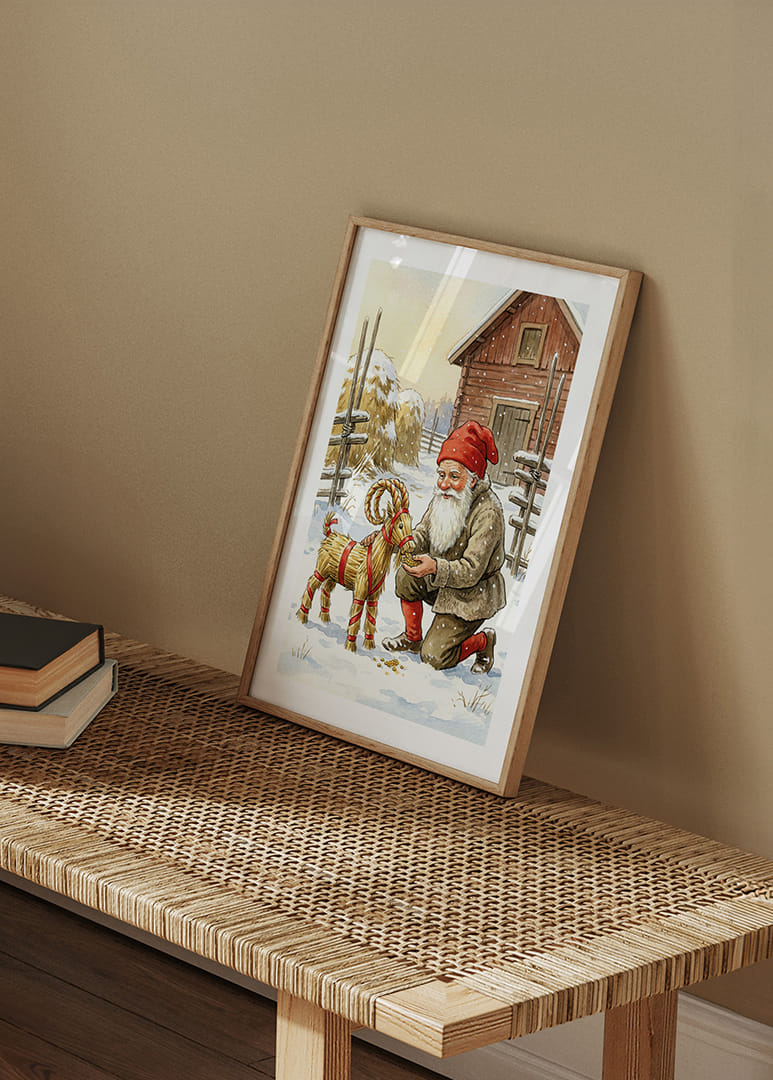 Le Père Noël partage sa joie avec une chèvre de paille dans un paysage hivernal-12