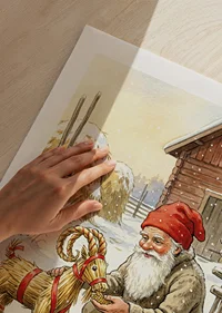 Santa shares joy with straw goat in winter landscape-9
