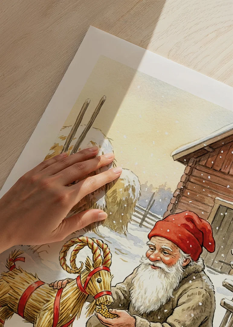 Santa shares joy with straw goat in winter landscape-12