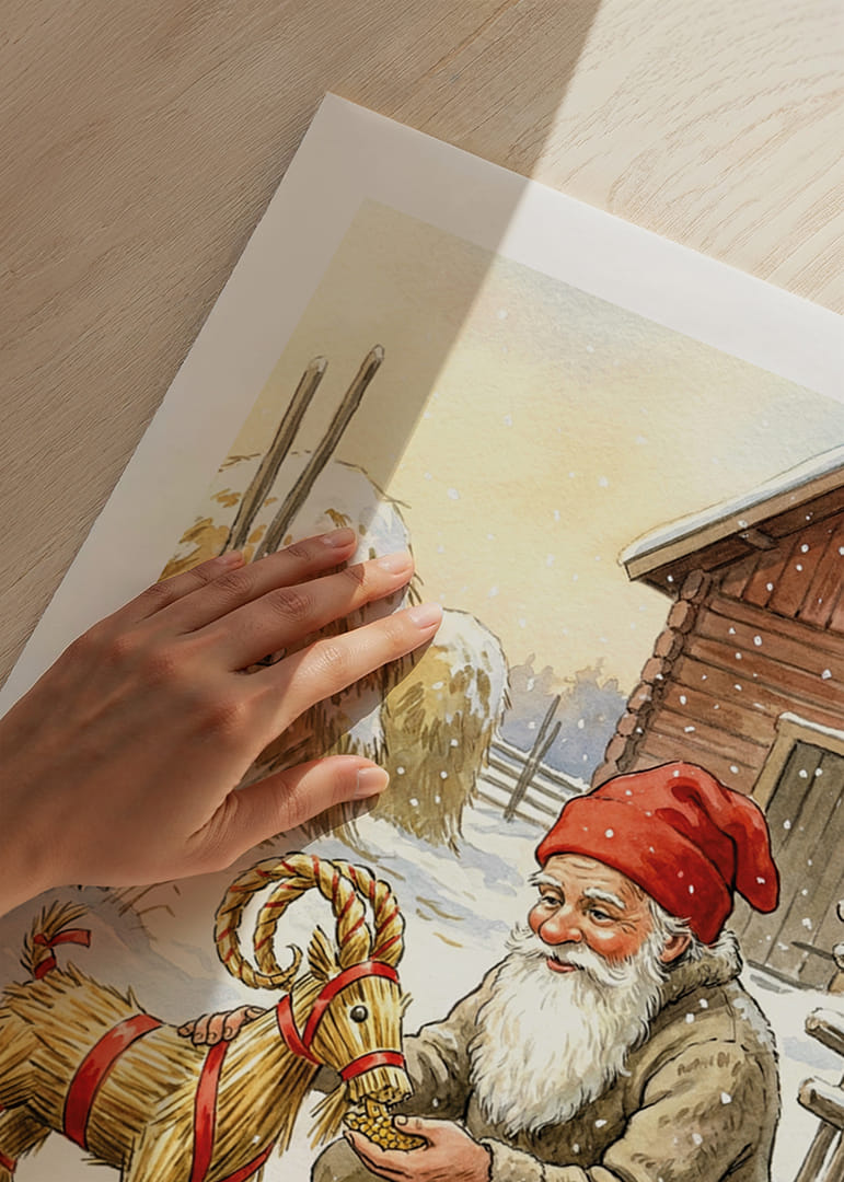 Le Père Noël partage sa joie avec une chèvre de paille dans un paysage hivernal-12