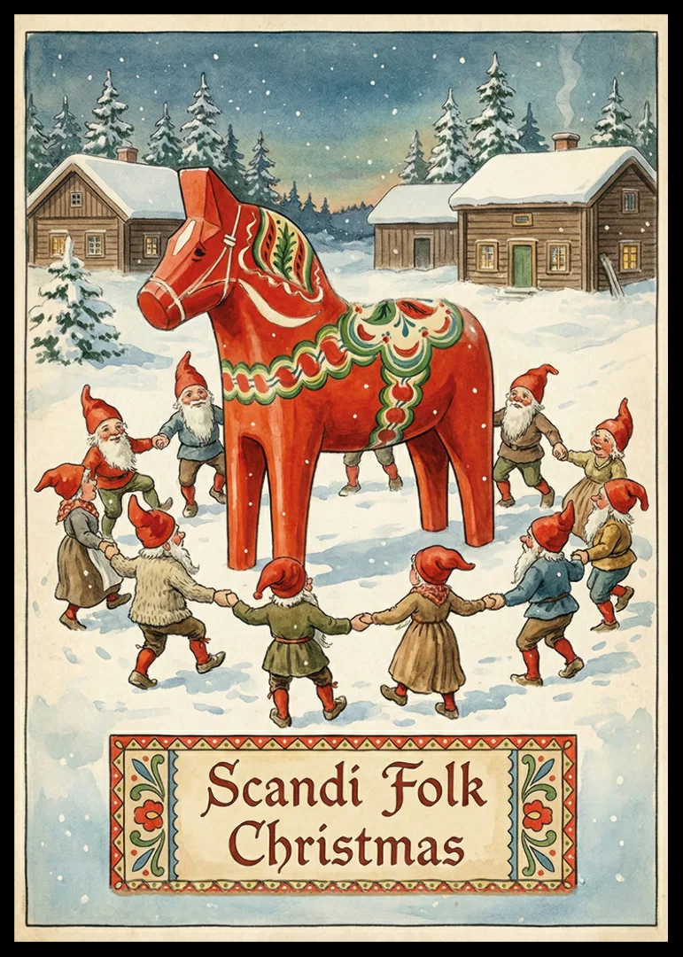 Elves dancing around a red Dala horse in winter snow-12