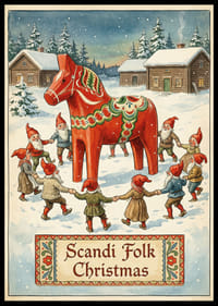 Tomtar dansar kring en röd Dalahäst i vintersnö-0