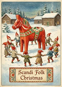 Elves dancing around a red Dala horse in winter snow-1