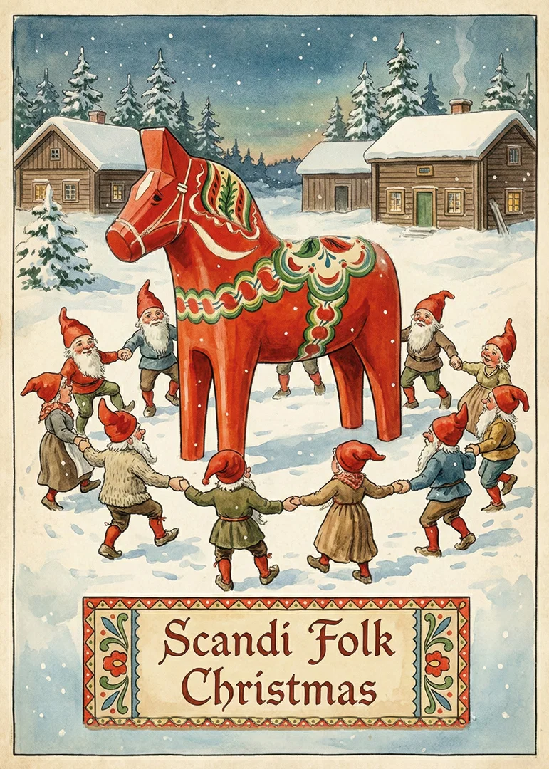 Elves dancing around a red Dala horse in winter snow-12