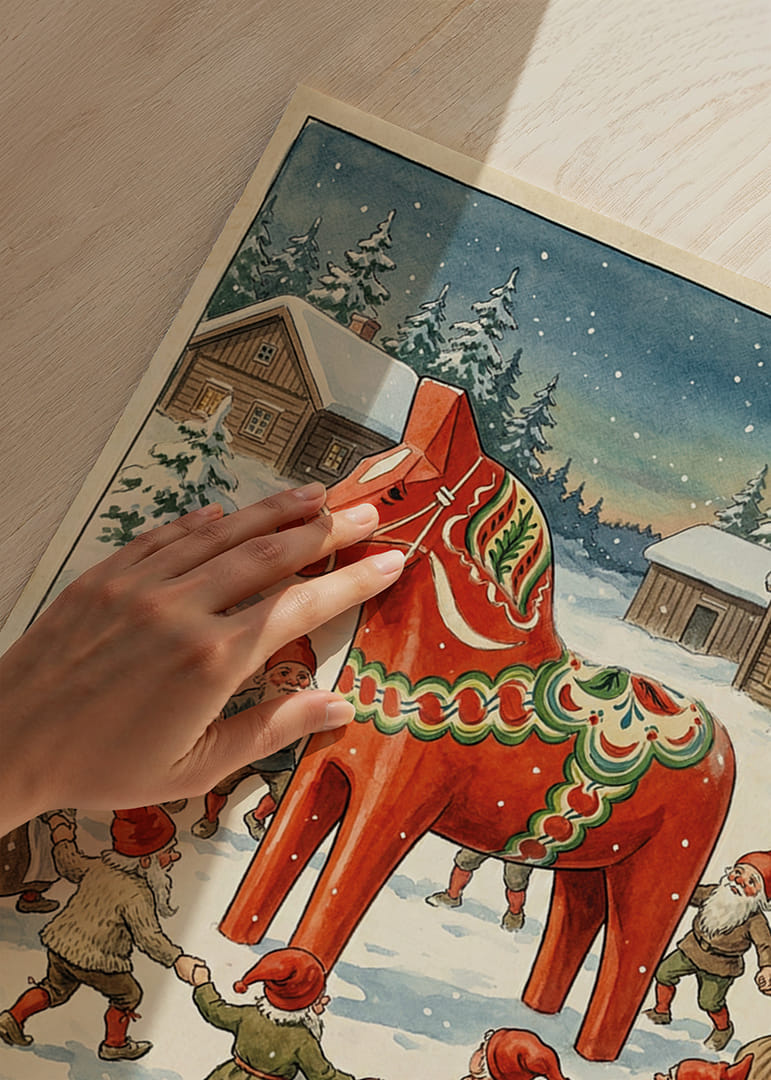 Tomtar dansar kring en röd Dalahäst i vintersnö-12