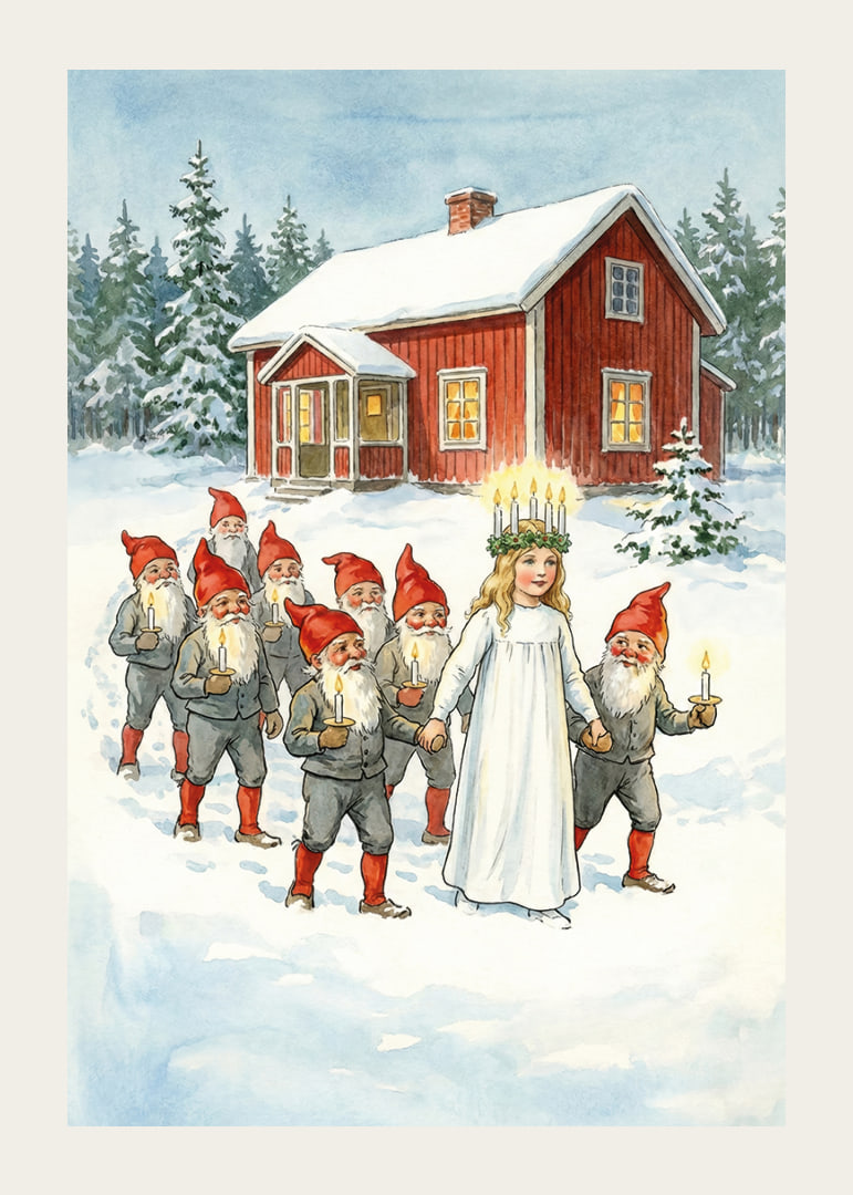 A procession of lights of Santa Claus and Lucia in the snowy landscape-12