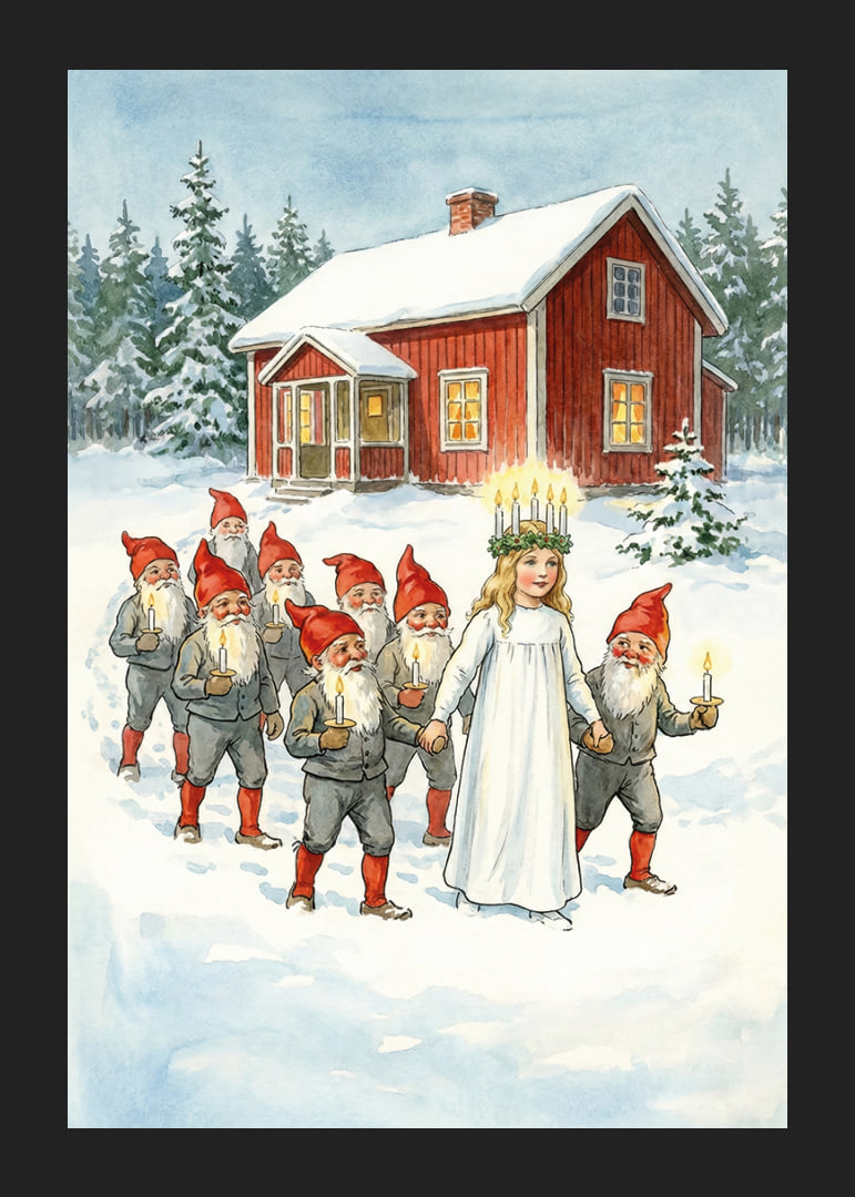 A procession of lights of Santa Claus and Lucia in the snowy landscape-12
