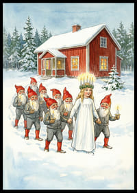 Een processie van lichtjes van de Kerstman en Lucia in het besneeuwde landschap-2