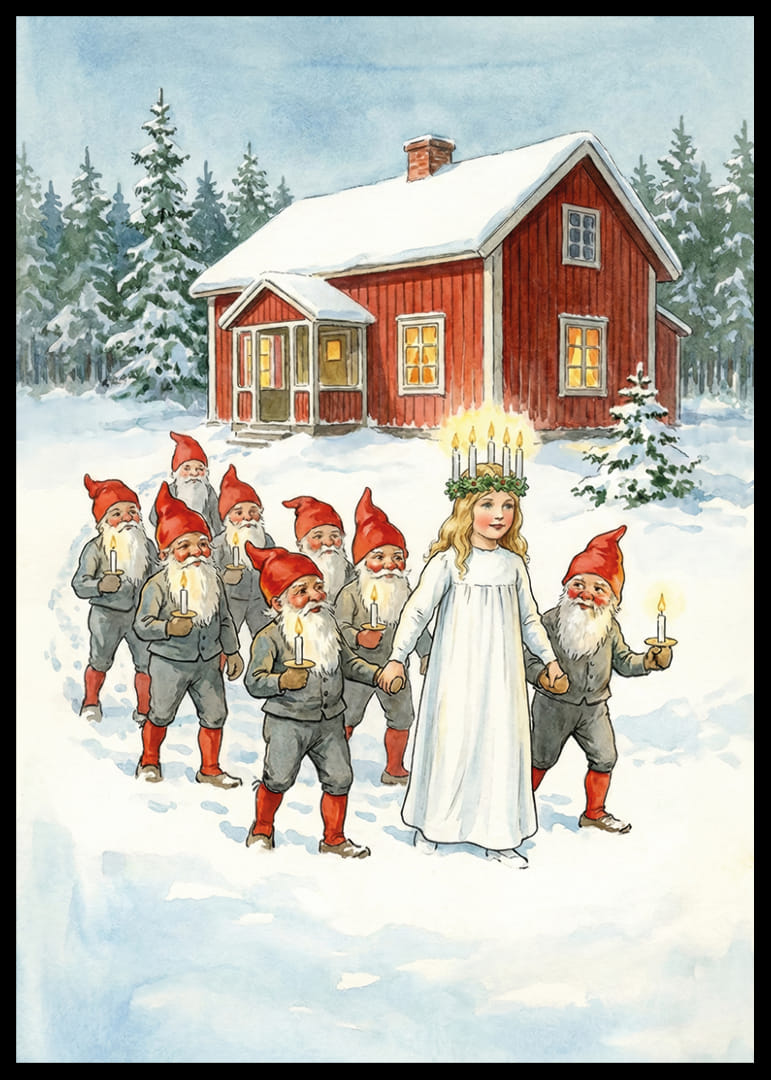 Een processie van lichtjes van de Kerstman en Lucia in het besneeuwde landschap-12