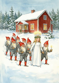 Een processie van lichtjes van de Kerstman en Lucia in het besneeuwde landschap-3