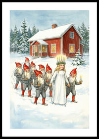 Een processie van lichtjes van de Kerstman en Lucia in het besneeuwde landschap-0