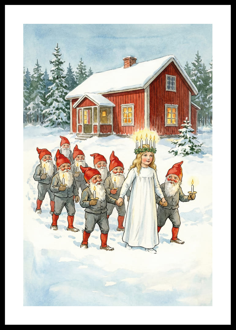 Een processie van lichtjes van de Kerstman en Lucia in het besneeuwde landschap-12