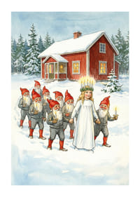 Een processie van lichtjes van de Kerstman en Lucia in het besneeuwde landschap-1