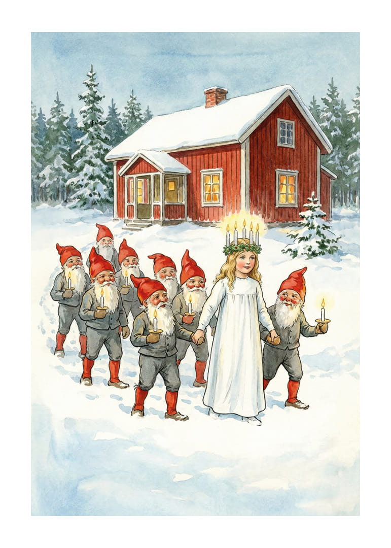 Een processie van lichtjes van de Kerstman en Lucia in het besneeuwde landschap-12