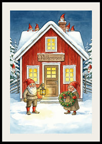 Tomtar välkomnar med krans och lykta i vintersnö-2