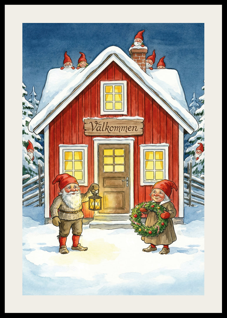 Tomtar välkomnar med krans och lykta i vintersnö-12
