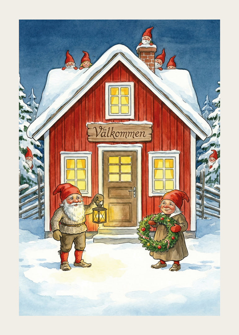 Tomtar välkomnar med krans och lykta i vintersnö-12