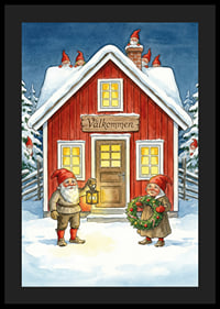 Tomtar välkomnar med krans och lykta i vintersnö-4