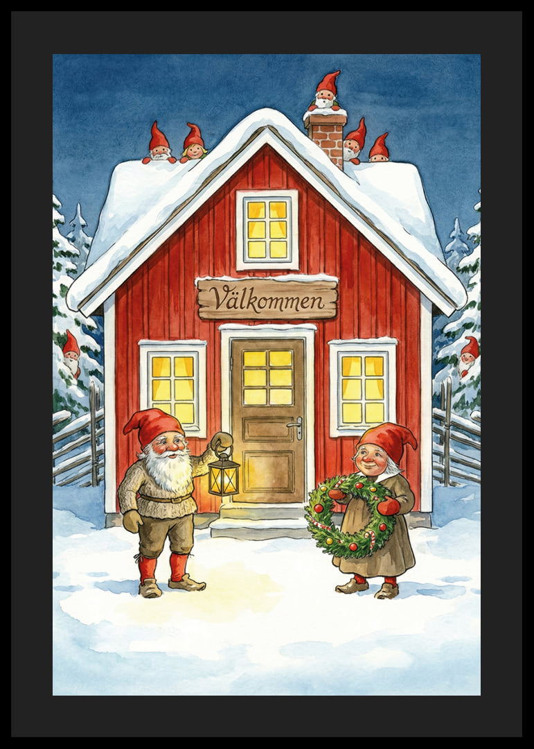 Tomtar välkomnar med krans och lykta i vintersnö-12