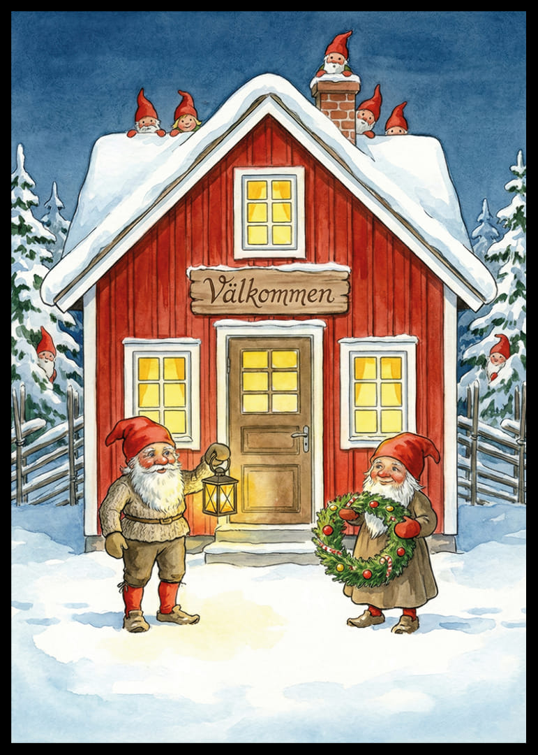 Elfen verwelkomen met krans en lantaarn in de wintersneeuw-12