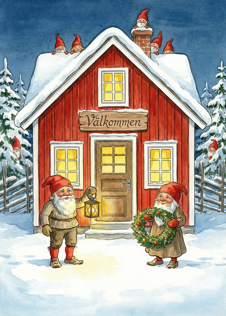 Elfen verwelkomen met krans en lantaarn in de wintersneeuw-12