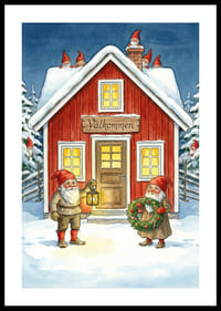 Elfen verwelkomen met krans en lantaarn in de wintersneeuw-0