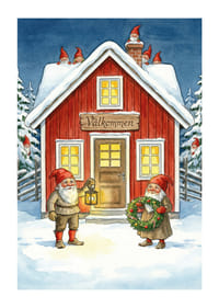 Elfen verwelkomen met krans en lantaarn in de wintersneeuw-1