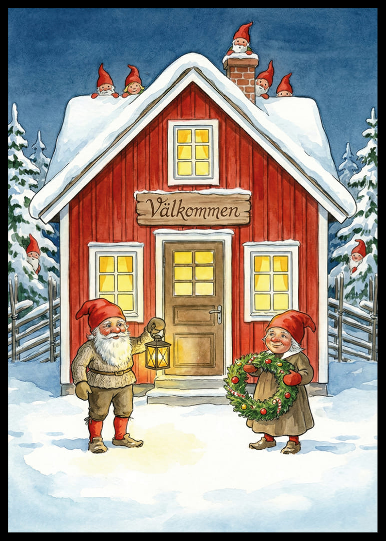 Tomtar välkomnar med krans och lykta i vintersnö-12