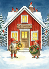 Tomtar välkomnar med krans och lykta i vintersnö-3