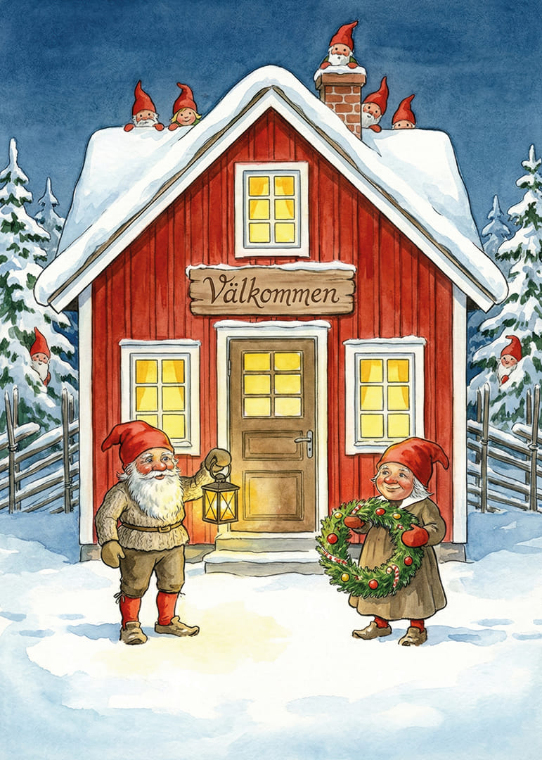 Tomtar välkomnar med krans och lykta i vintersnö-12