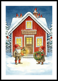 Tomtar välkomnar med krans och lykta i vintersnö-0