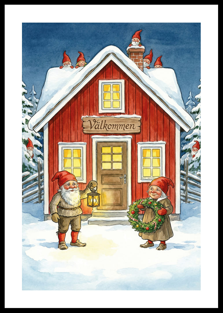 Tomtar välkomnar med krans och lykta i vintersnö-12