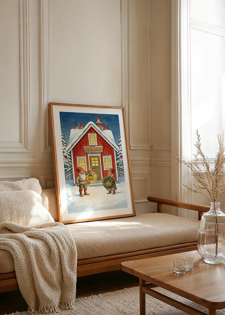 Tomtar välkomnar med krans och lykta i vintersnö-12