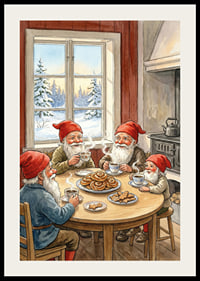 Bright red and cozy coffee with elves in a winter cabin-2