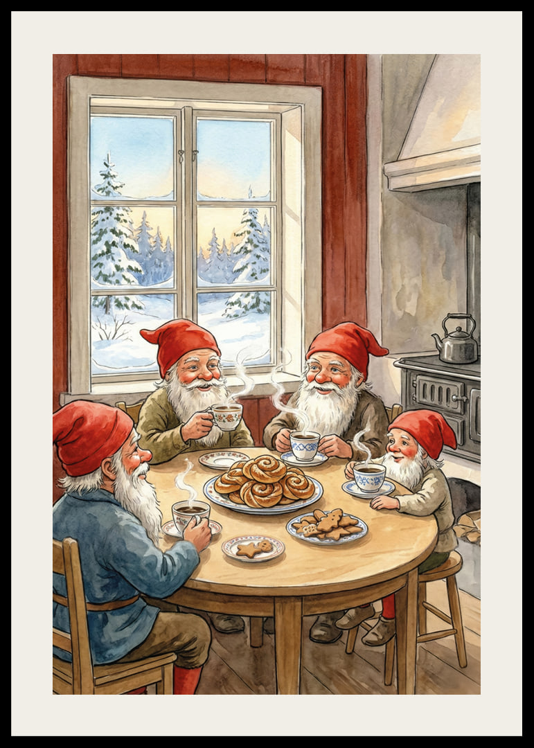 Bright red and cozy coffee with elves in a winter cabin-12