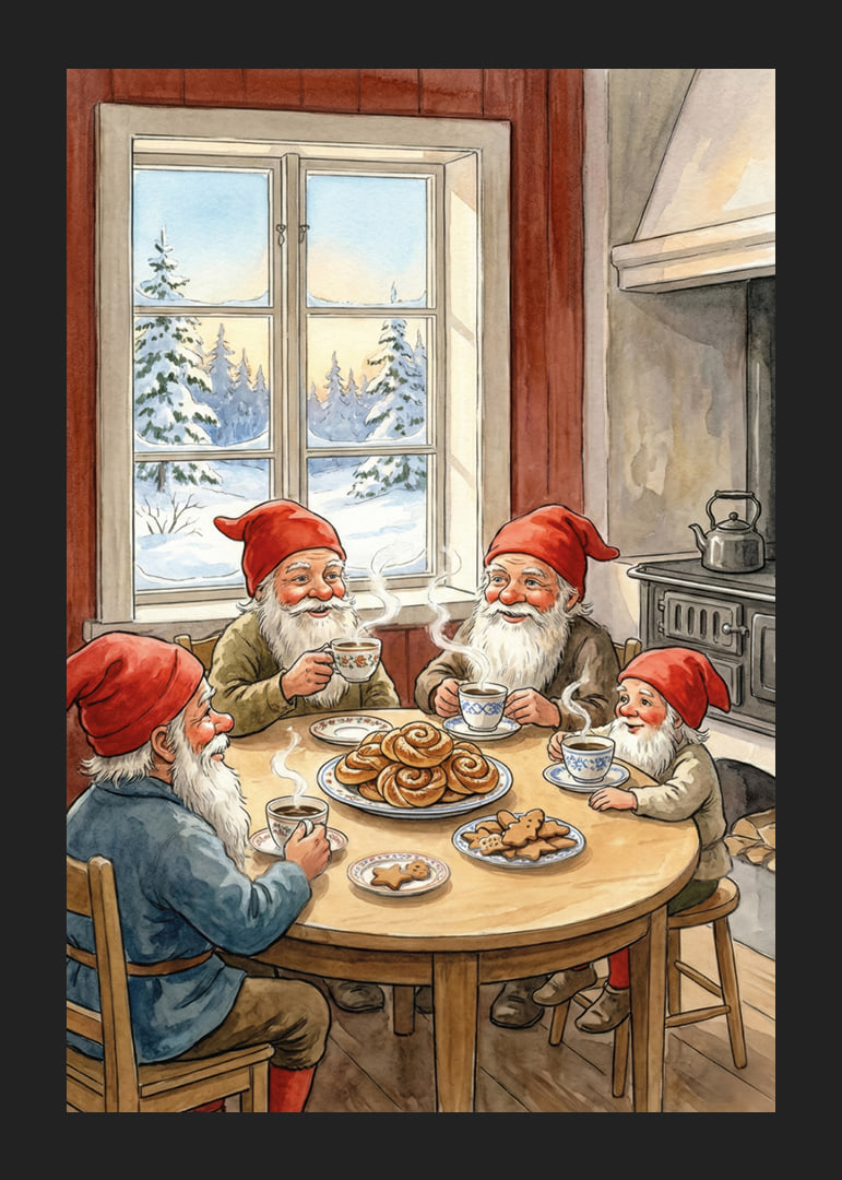 Bright red and cozy coffee with elves in a winter cabin-12
