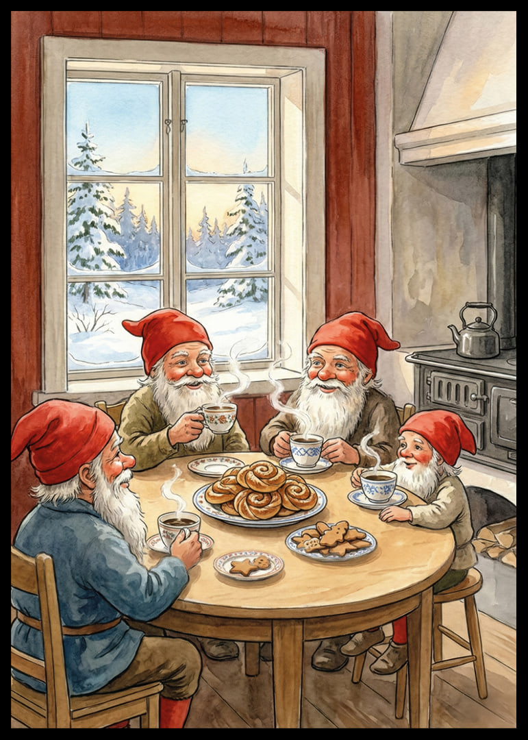 Bright red and cozy coffee with elves in a winter cabin-12