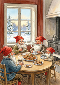 Bright red and cozy coffee with elves in a winter cabin-7