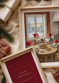 Bright red and cozy coffee with elves in a winter cabin-8