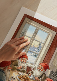 Bright red and cozy coffee with elves in a winter cabin-9
