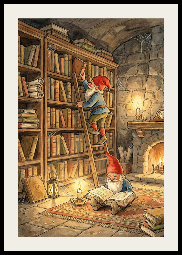 Two elves reading in a cozy library-12