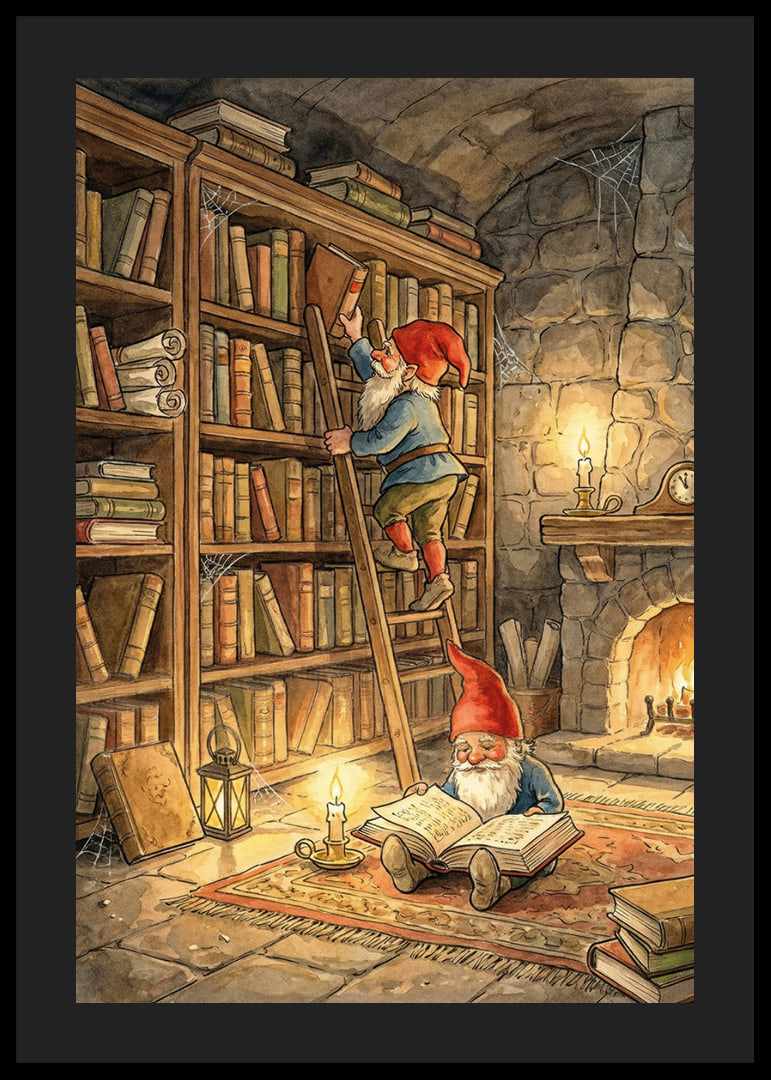 Two elves reading in a cozy library-12