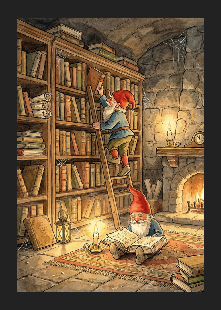 Two elves reading in a cozy library-12