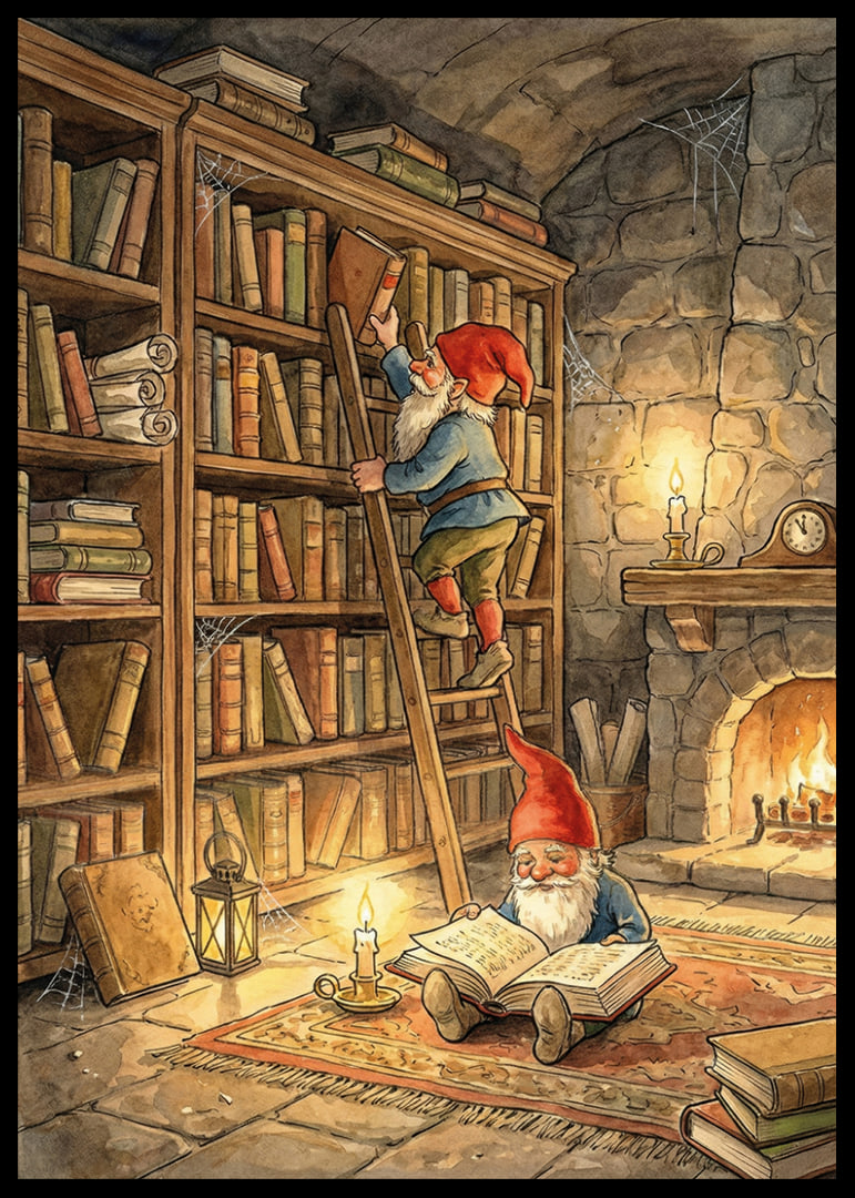 Two elves reading in a cozy library-12