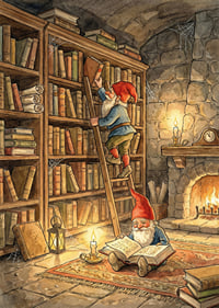 Two elves reading in a cozy library-7