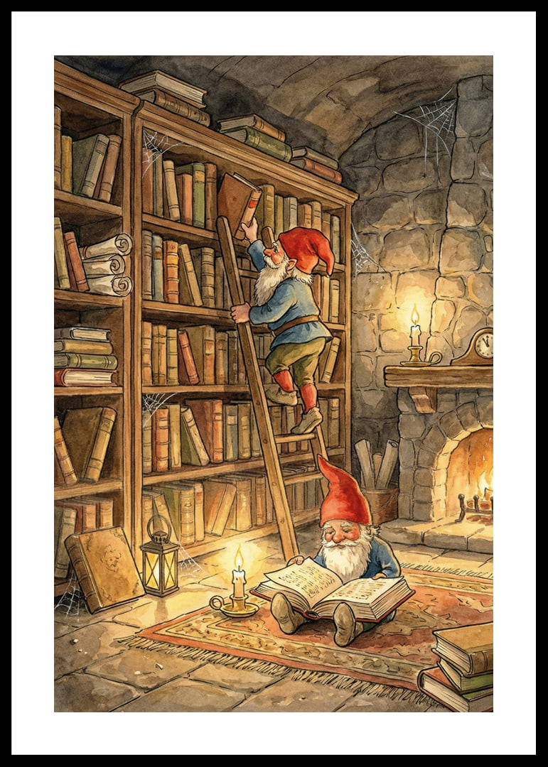 Two elves reading in a cozy library-12