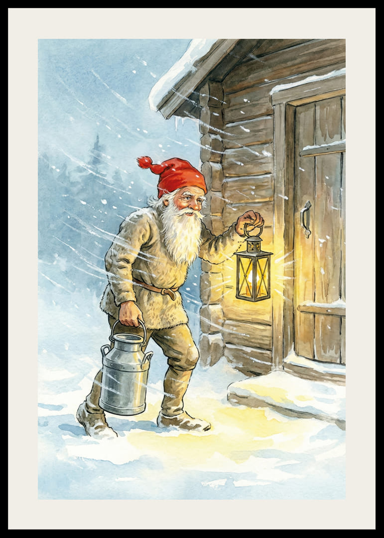 Un Père Noël avec une lanterne et un seau à lait dans la neige scintillante-12