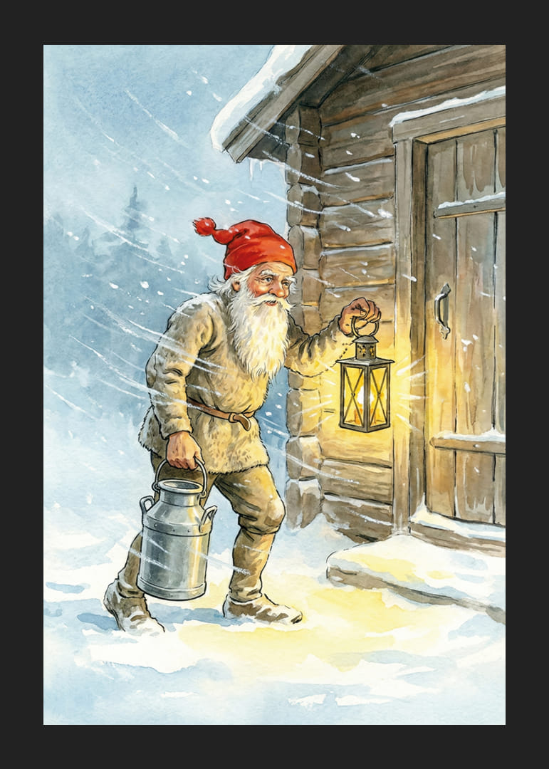 Un Père Noël avec une lanterne et un seau à lait dans la neige scintillante-12