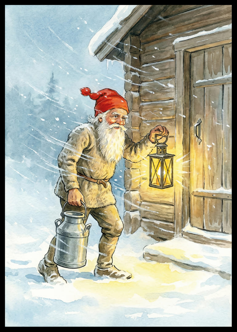 Een Kerstman met een lantaarn en een melkemmer in glinsterende sneeuw-12